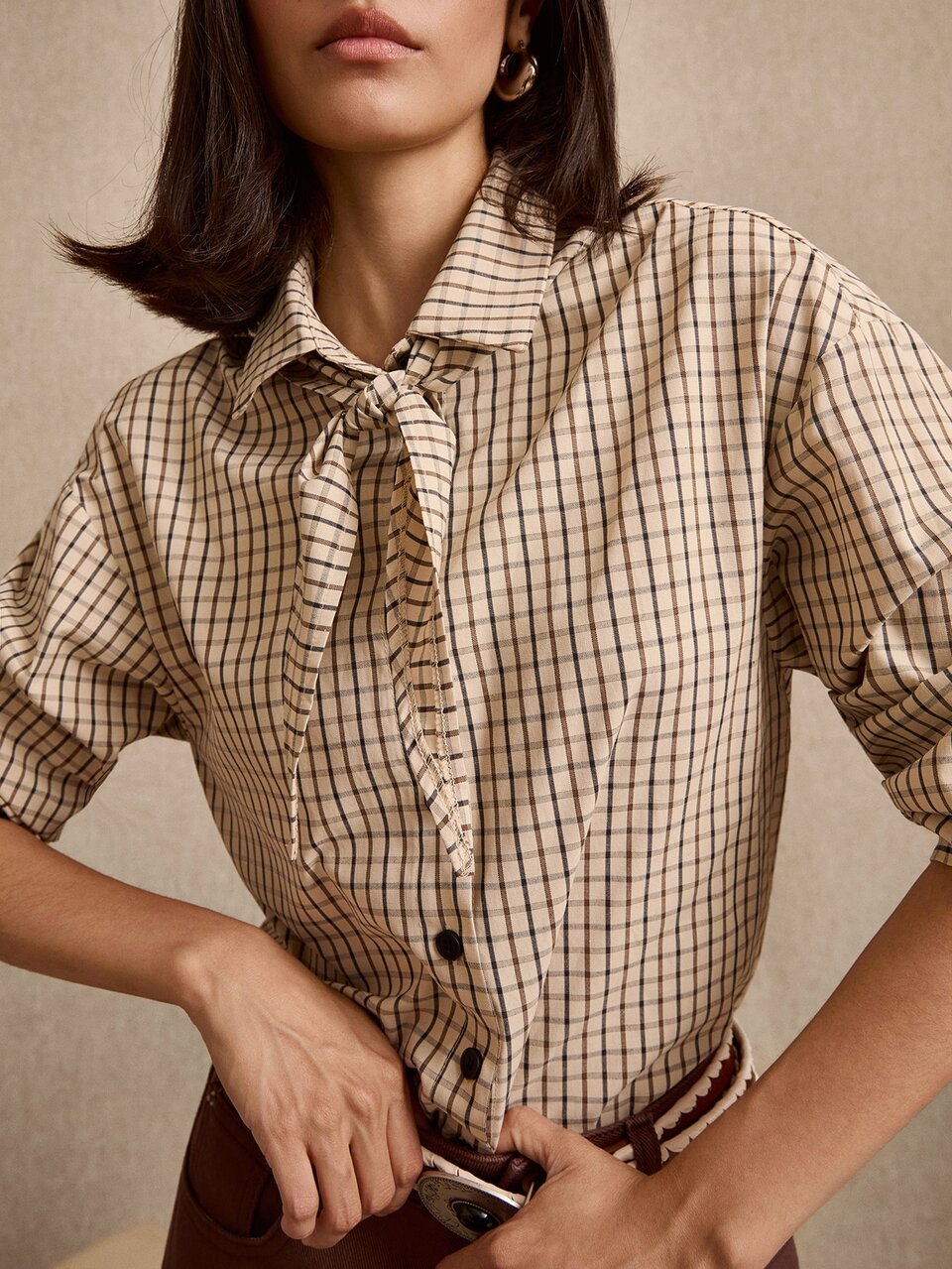 Check Print Oversized Shirt With Matching Detachable Neck Scarf French Style Chic
