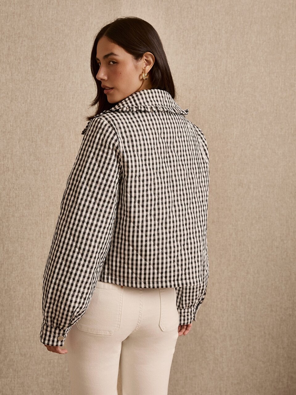 Vintage Chic Black Quilted Gingham Jacket With Ruffles Collar