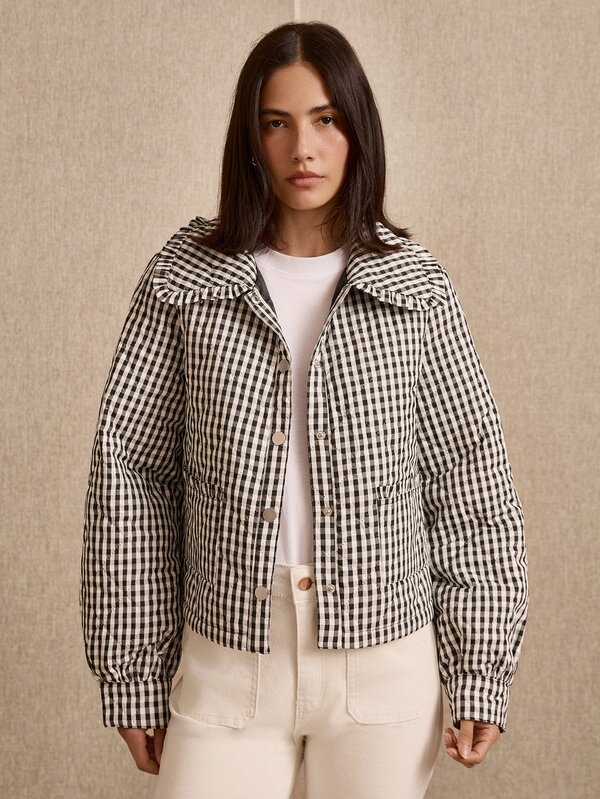 lacRébo Vintage Chic Black Quilted Gingham Jacket With Ruffles Collar