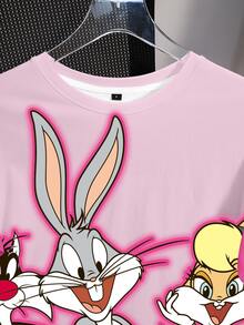 LOONEY TUNES X SHEIN 女款卡通印花圓領短袖休閒Y2K T恤，日常大學風，亮粉色夏季款 - 白色 - 查看 3
