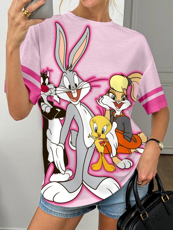 LOONEY TUNES X SHEIN Kaos Kasual Wanita Lengan Pendek Leher Bulat Motif Kartun