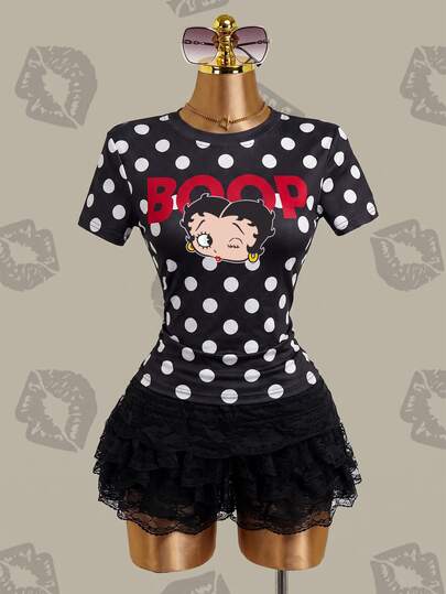 Betty Boop x SHEIN Women's Polka Dot Print Short Sleeve Casual T-Shirt