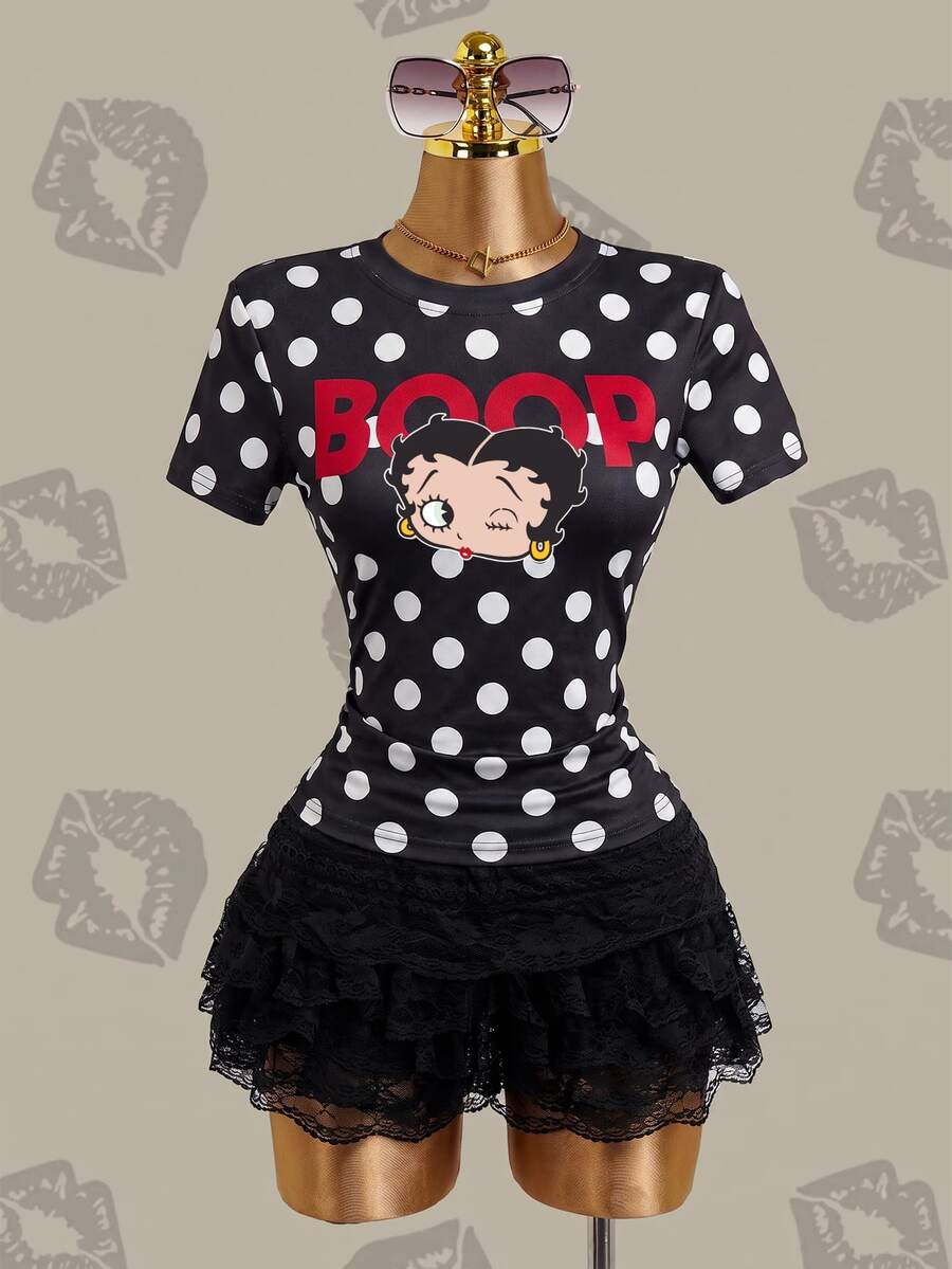 Betty Boop x SHEIN 女款波點印花短袖休閒T恤 - 黑色 - 查看 1