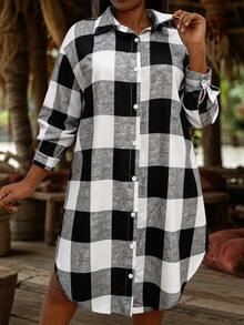 Linhara CURVE Plus Size Women's Spring/Autumn Shirt Collar Long Sleeve Button-Up Asymmetrical Hem Plaid Print Dress, Suitable For Casual Outings, Vacation, Daily Commute, Slouchy - Black and White - View 5