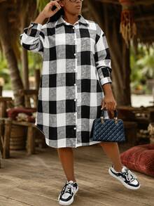 Linhara CURVE Plus Size Women's Spring/Autumn Shirt Collar Long Sleeve Button-Up Asymmetrical Hem Plaid Print Dress, Suitable For Casual Outings, Vacation, Daily Commute, Slouchy - Black and White - View 2