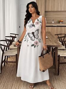Weeklong White Large Floral Printed Sleeveless V-Neck Button-Accented Maxi Dress Plus-Size Women's For Vacation Casual Wear Office Wedding Guest Party Summer - Multicolor - View 4