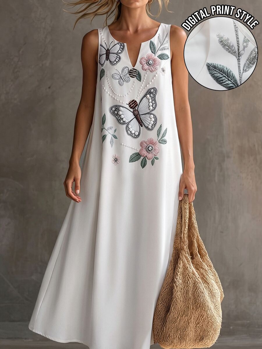 Weeklong White Large Floral Printed Sleeveless V-Neck Button-Accented Maxi Dress Plus-Size Women's For Vacation Casual Wear Office Wedding Guest Party Summer - Multicolor - View 1