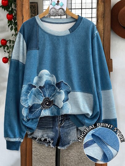 Linhara Women's Plus Size Spring/Autumn Minimalist Casual Commute Vintage Navy Blue Floral Placement Print Crew Neck Long Sleeve Sweatshirt Formal Vacation