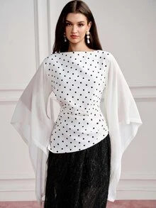 BELROSIE Atasan Wanita Slim Fit dengan Hem Tidak Beraturan, Bahan Chiffon, Lengan Berkerut dan Bergelombang, Elegan, Gaya Prancis Vintage, Blus Polkadot Putih dan Hitam, Cocok untuk Pesta Teh, Makan Malam, dan Musim Gugur. - MultiWarna - View 1