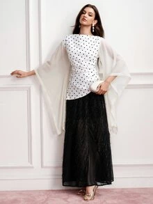BELROSIE Atasan Wanita Slim Fit dengan Hem Tidak Beraturan, Bahan Chiffon, Lengan Berkerut dan Bergelombang, Elegan, Gaya Prancis Vintage, Blus Polkadot Putih dan Hitam, Cocok untuk Pesta Teh, Makan Malam, dan Musim Gugur. - MultiWarna - View 7