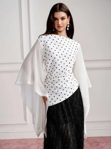 BELROSIE Atasan Wanita Slim Fit dengan Hem Tidak Beraturan, Bahan Chiffon, Lengan Berkerut dan Bergelombang, Elegan, Gaya Prancis Vintage, Blus Polkadot Putih dan Hitam, Cocok untuk Pesta Teh, Makan Malam, dan Musim Gugur. - MultiWarna - View 5