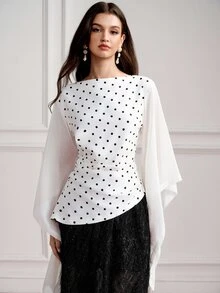 BELROSIE Atasan Wanita Slim Fit dengan Hem Tidak Beraturan, Bahan Chiffon, Lengan Berkerut dan Bergelombang, Elegan, Gaya Prancis Vintage, Blus Polkadot Putih dan Hitam, Cocok untuk Pesta Teh, Makan Malam, dan Musim Gugur. - MultiWarna - View 3