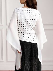 BELROSIE Atasan Wanita Slim Fit dengan Hem Tidak Beraturan, Bahan Chiffon, Lengan Berkerut dan Bergelombang, Elegan, Gaya Prancis Vintage, Blus Polkadot Putih dan Hitam, Cocok untuk Pesta Teh, Makan Malam, dan Musim Gugur. - MultiWarna - View 2