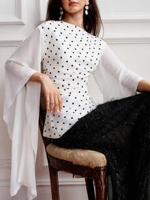 BELROSIE Atasan Wanita Slim Fit dengan Hem Tidak Beraturan, Bahan Chiffon, Lengan Berkerut dan Bergelombang, Elegan, Gaya Prancis Vintage, Blus Polkadot Putih dan Hitam, Cocok untuk Pesta Teh, Makan Malam, dan Musim Gugur. - MultiWarna - View 4