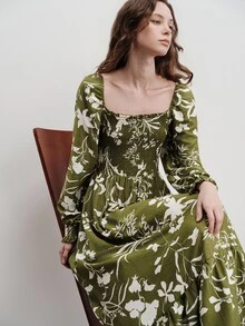 Aveloria Modichic Women's Dress A-Line Maxi Shirred Square Neck Elastic Cuff Ruffle Hem Boho Cottagecore Vintage Vacation Olive Green Floral Fall Brunch Picnic - Green - View 1