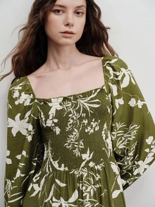 Aveloria Modichic Women's Dress A-Line Maxi Shirred Square Neck Elastic Cuff Ruffle Hem Boho Cottagecore Vintage Vacation Olive Green Floral Fall Brunch Picnic - Green - View 6