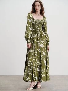Aveloria Modichic Women's Dress A-Line Maxi Shirred Square Neck Elastic Cuff Ruffle Hem Boho Cottagecore Vintage Vacation Olive Green Floral Fall Brunch Picnic - Green - View 5