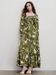 Aveloria Modichic Women's Dress A-Line Maxi Shirred Square Neck Elastic Cuff Ruffle Hem Boho Cottagecore Vintage Vacation Olive Green Floral Fall Brunch Picnic - Green - View 7