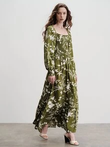 Aveloria Modichic Women's Dress A-Line Maxi Shirred Square Neck Elastic Cuff Ruffle Hem Boho Cottagecore Vintage Vacation Olive Green Floral Fall Brunch Picnic - Green - View 3