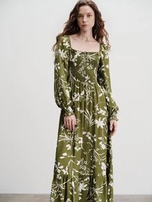 Aveloria Modichic Women's Dress A-Line Maxi Shirred Square Neck Elastic Cuff Ruffle Hem Boho Cottagecore Vintage Vacation Olive Green Floral Fall Brunch Picnic - Green - View 4