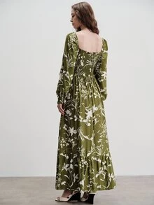 Aveloria Modichic Women's Dress A-Line Maxi Shirred Square Neck Elastic Cuff Ruffle Hem Boho Cottagecore Vintage Vacation Olive Green Floral Fall Brunch Picnic - Green - View 2