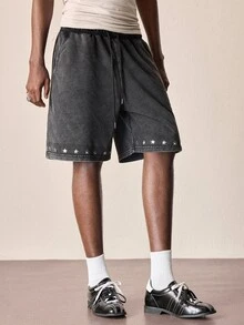 ROMWE MEN Street Life Pantalones cortos para hombre con decoración de estrellas, cintura elástica y cordón ajustable - Negro - Ver 5