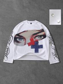 ROMWE MEN Men's Rivet Decor Print Pattern Waffle Fabric Long Sleeve T-Shirt, Street Vintage - White - View 7