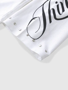 ROMWE MEN Men's Rivet Decor Print Pattern Waffle Fabric Long Sleeve T-Shirt, Street Vintage - White - View 3