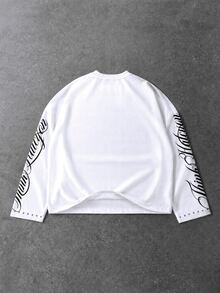 ROMWE MEN Men's Rivet Decor Print Pattern Waffle Fabric Long Sleeve T-Shirt, Street Vintage - White - View 2