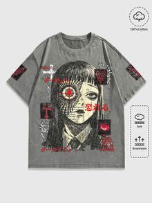 ROMWE MEN Goth 男士卡通印花休閒日常短袖T恤 - 灰色 - 查看 3