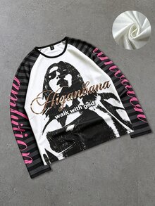 ROMWE MEN Waffle Fabric Character Print Loose Long Sleeve T-Shirt - Black - View 7