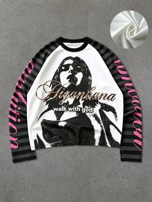 ROMWE MEN Waffle Fabric Character Print Loose Long Sleeve T-Shirt - Black - View 2