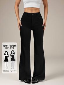 SHEIN PETITE بنطلون نسائي 95% قطن أسود بأزرار أمامية بقصة ضيقة وواسعة من الأسفل - مناسب لجميع الفصول، مثالي للعمل في الربيع/الصيف، التنقل، المناسبات الرسمية، المواعيد، حفلات المساء، حفلات الكوكتيل وشاي بعد الظهر - الأسود - مشاهدة 7