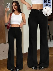 SHEIN PETITE بنطلون نسائي 95% قطن أسود بأزرار أمامية بقصة ضيقة وواسعة من الأسفل - مناسب لجميع الفصول، مثالي للعمل في الربيع/الصيف، التنقل، المناسبات الرسمية، المواعيد، حفلات المساء، حفلات الكوكتيل وشاي بعد الظهر - الأسود - مشاهدة 12