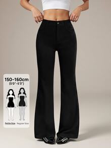SHEIN PETITE بنطلون نسائي 95% قطن أسود بأزرار أمامية بقصة ضيقة وواسعة من الأسفل - مناسب لجميع الفصول، مثالي للعمل في الربيع/الصيف، التنقل، المناسبات الرسمية، المواعيد، حفلات المساء، حفلات الكوكتيل وشاي بعد الظهر - الأسود - مشاهدة 6