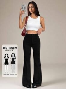 SHEIN PETITE بنطلون نسائي 95% قطن أسود بأزرار أمامية بقصة ضيقة وواسعة من الأسفل - مناسب لجميع الفصول، مثالي للعمل في الربيع/الصيف، التنقل، المناسبات الرسمية، المواعيد، حفلات المساء، حفلات الكوكتيل وشاي بعد الظهر - الأسود - مشاهدة 10