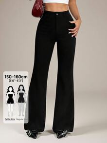 SHEIN PETITE بنطلون نسائي 95% قطن أسود بأزرار أمامية بقصة ضيقة وواسعة من الأسفل - مناسب لجميع الفصول، مثالي للعمل في الربيع/الصيف، التنقل، المناسبات الرسمية، المواعيد، حفلات المساء، حفلات الكوكتيل وشاي بعد الظهر - الأسود - مشاهدة 3