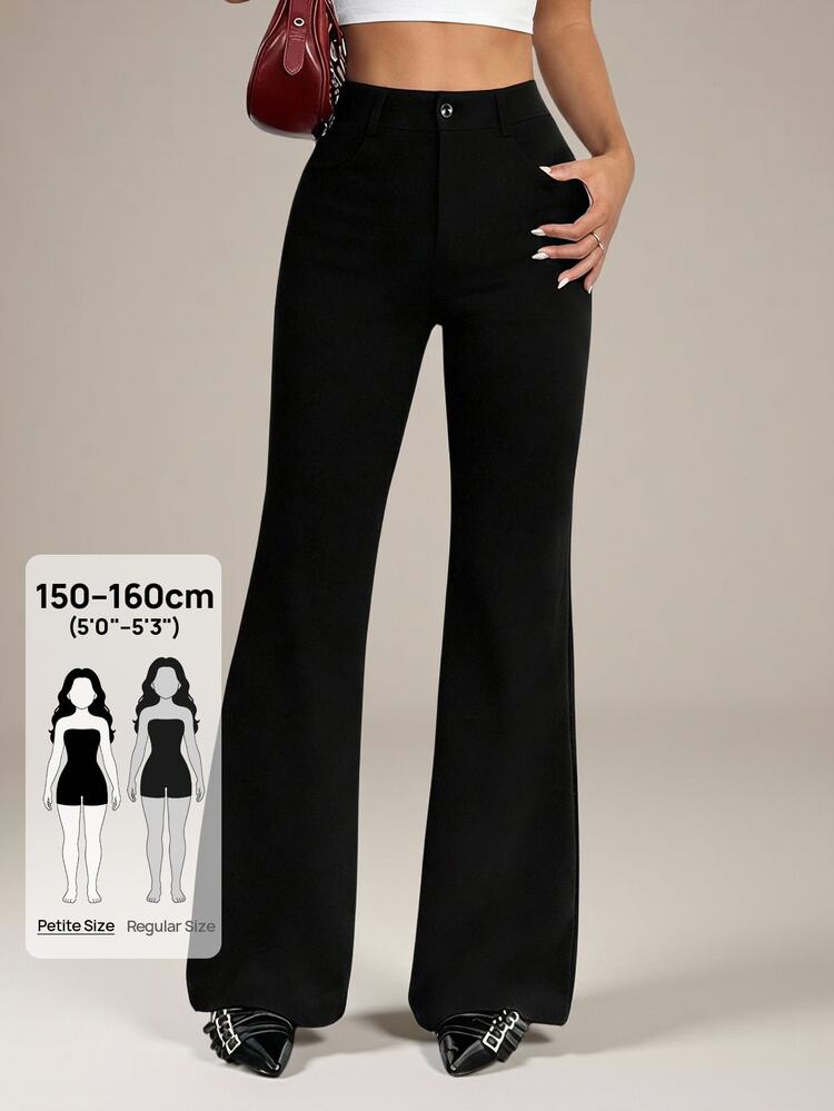 SHEIN PETITE 女款 95% 棉黑色前扣休閒修身喇叭褲，適合四季穿著，完美適用於春夏工作、通勤、正式場合、約會、晚宴、雞尾酒會及下午茶 - 黑色 - 查看 2