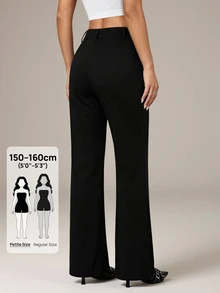 SHEIN PETITE بنطلون نسائي 95% قطن أسود بأزرار أمامية بقصة ضيقة وواسعة من الأسفل - مناسب لجميع الفصول، مثالي للعمل في الربيع/الصيف، التنقل، المناسبات الرسمية، المواعيد، حفلات المساء، حفلات الكوكتيل وشاي بعد الظهر - الأسود - مشاهدة 9