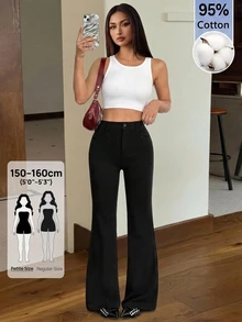 SHEIN PETITE بنطلون نسائي 95% قطن أسود بأزرار أمامية بقصة ضيقة وواسعة من الأسفل - مناسب لجميع الفصول، مثالي للعمل في الربيع/الصيف، التنقل، المناسبات الرسمية، المواعيد، حفلات المساء، حفلات الكوكتيل وشاي بعد الظهر - الأسود - مشاهدة 5
