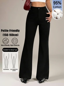 SHEIN PETITE بنطلون نسائي 95% قطن أسود بأزرار أمامية بقصة ضيقة وواسعة من الأسفل - مناسب لجميع الفصول، مثالي للعمل في الربيع/الصيف، التنقل، المناسبات الرسمية، المواعيد، حفلات المساء، حفلات الكوكتيل وشاي بعد الظهر - الأسود - مشاهدة 2
