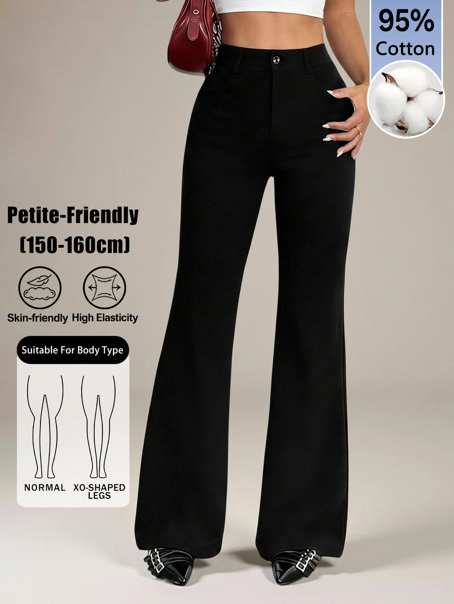 SHEIN PETITE بنطلون نسائي 95% قطن أسود بأزرار أمامية بقصة ضيقة وواسعة من الأسفل - مناسب لجميع الفصول، مثالي للعمل في الربيع/الصيف، التنقل، المناسبات الرسمية، المواعيد، حفلات المساء، حفلات الكوكتيل وشاي بعد الظهر