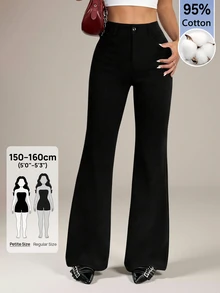 SHEIN PETITE بنطلون نسائي 95% قطن أسود بأزرار أمامية بقصة ضيقة وواسعة من الأسفل - مناسب لجميع الفصول، مثالي للعمل في الربيع/الصيف، التنقل، المناسبات الرسمية، المواعيد، حفلات المساء، حفلات الكوكتيل وشاي بعد الظهر - الأسود - مشاهدة 4