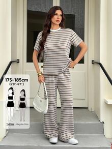 SHEIN Tall Summer Casual Striped T-Shirt And Pants 2 Pieces Set - Multicolor - View 9