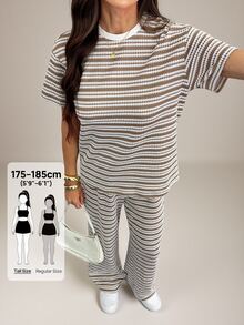 SHEIN Tall Summer Casual Striped T-Shirt And Pants 2 Pieces Set - Multicolor - View 8