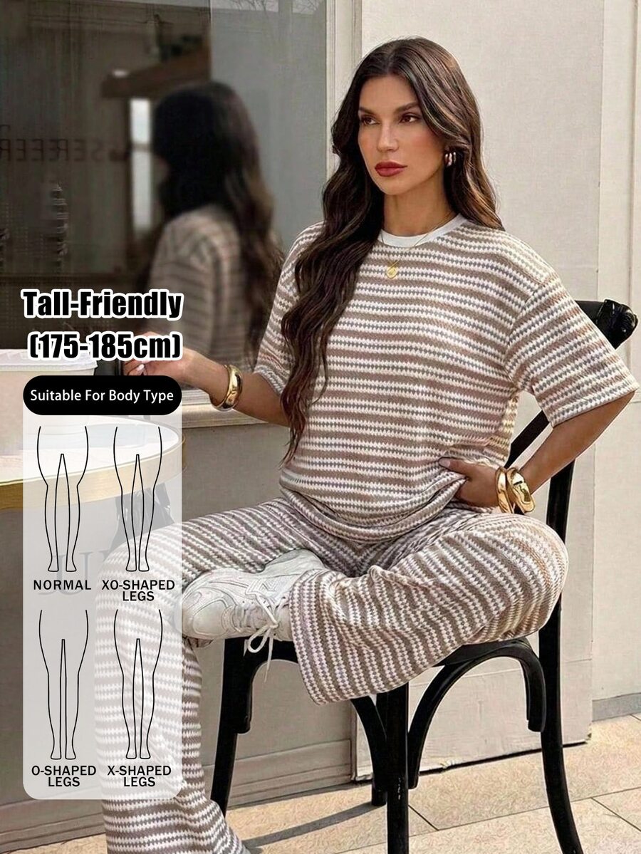 SHEIN Tall Summer Casual Striped T-Shirt And Pants 2 Pieces Set