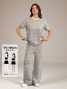 SHEIN Tall Summer Casual Striped T-Shirt And Pants 2 Pieces Set - Multicolor - View 7