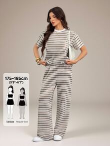 SHEIN Tall Summer Casual Striped T-Shirt And Pants 2 Pieces Set - Multicolor - View 5