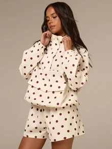 Athîral Women's Brown Polka Dot 2 Piece Sports Set,Half Zip Pullover Jacket,Elastic Waist Shorts,Casual Athleisure For Gym And Workout,Women Tracksuit Set - White - View 4