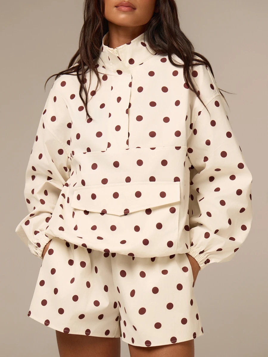 Athîral Women's Brown Polka Dot 2 Piece Sports Set,Half Zip Pullover Jacket,Elastic Waist Shorts,Casual Athleisure For Gym And Workout,Women Tracksuit Set - White - View 1